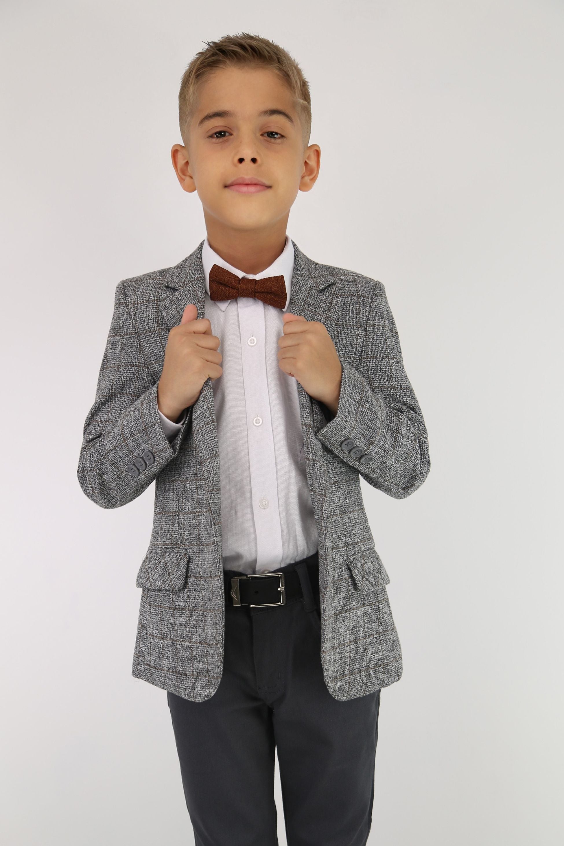 Boys Cotton Blend Tweed Like Check Blazer - Grey