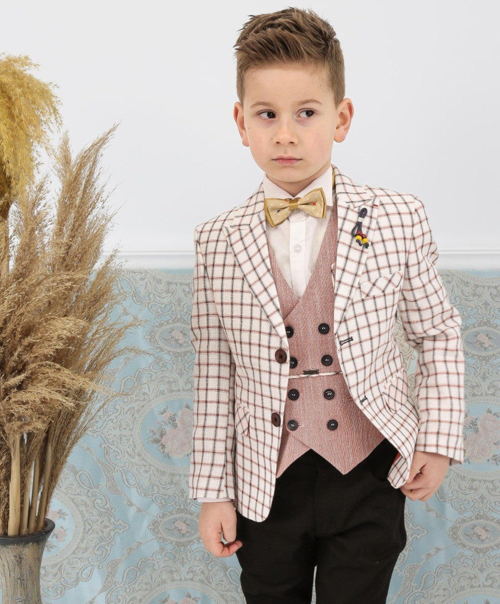 Boys Check Blazer and Double-breasted Waistcoat Suit Set - Burgundy