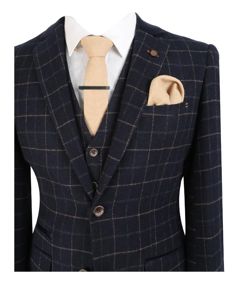 Men's Tweed Check Slim Fit Navy Suit- SHELBY - Navy Blue