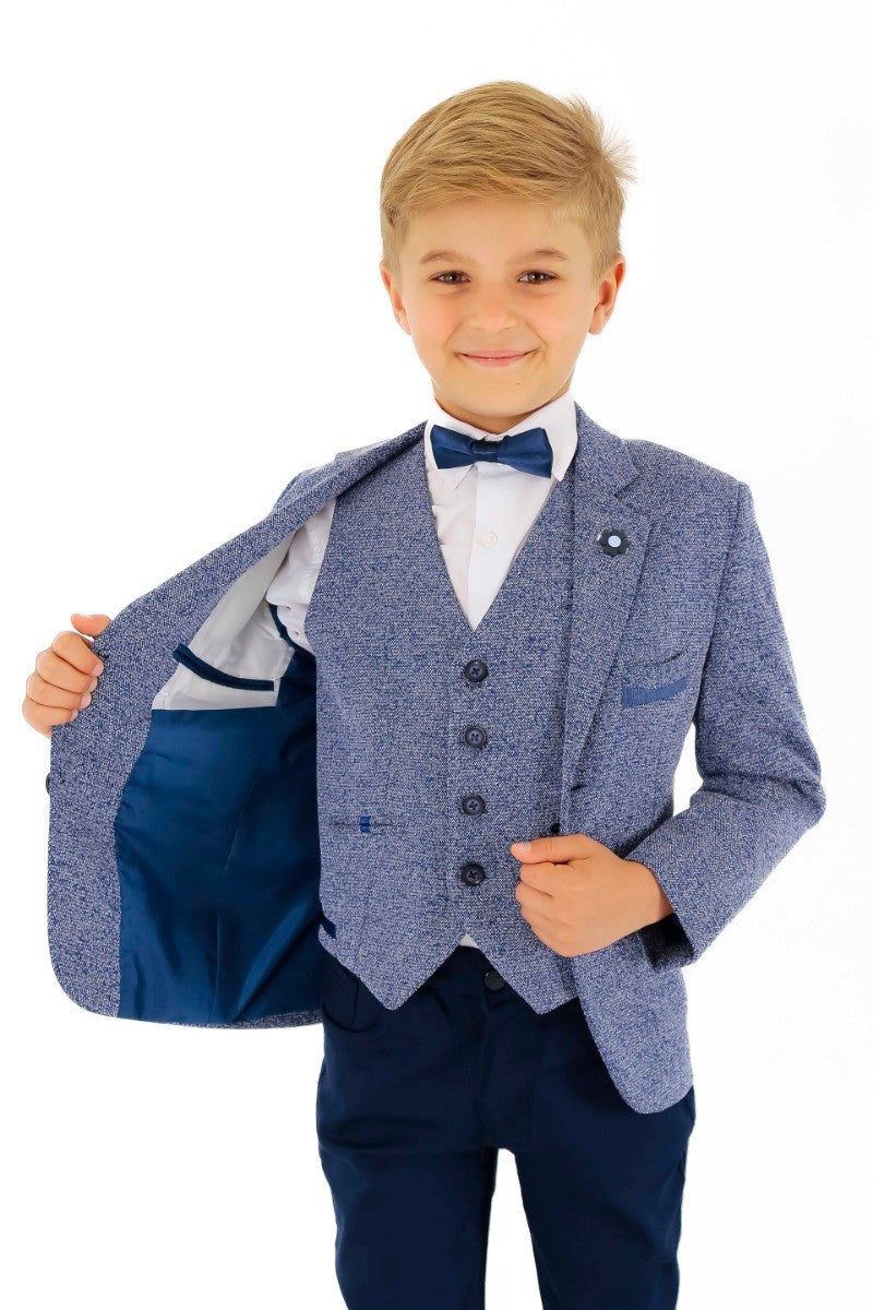 Boys Cotton Slim Fit Blazer and Waistcoat Set - Frank - Dark Blue