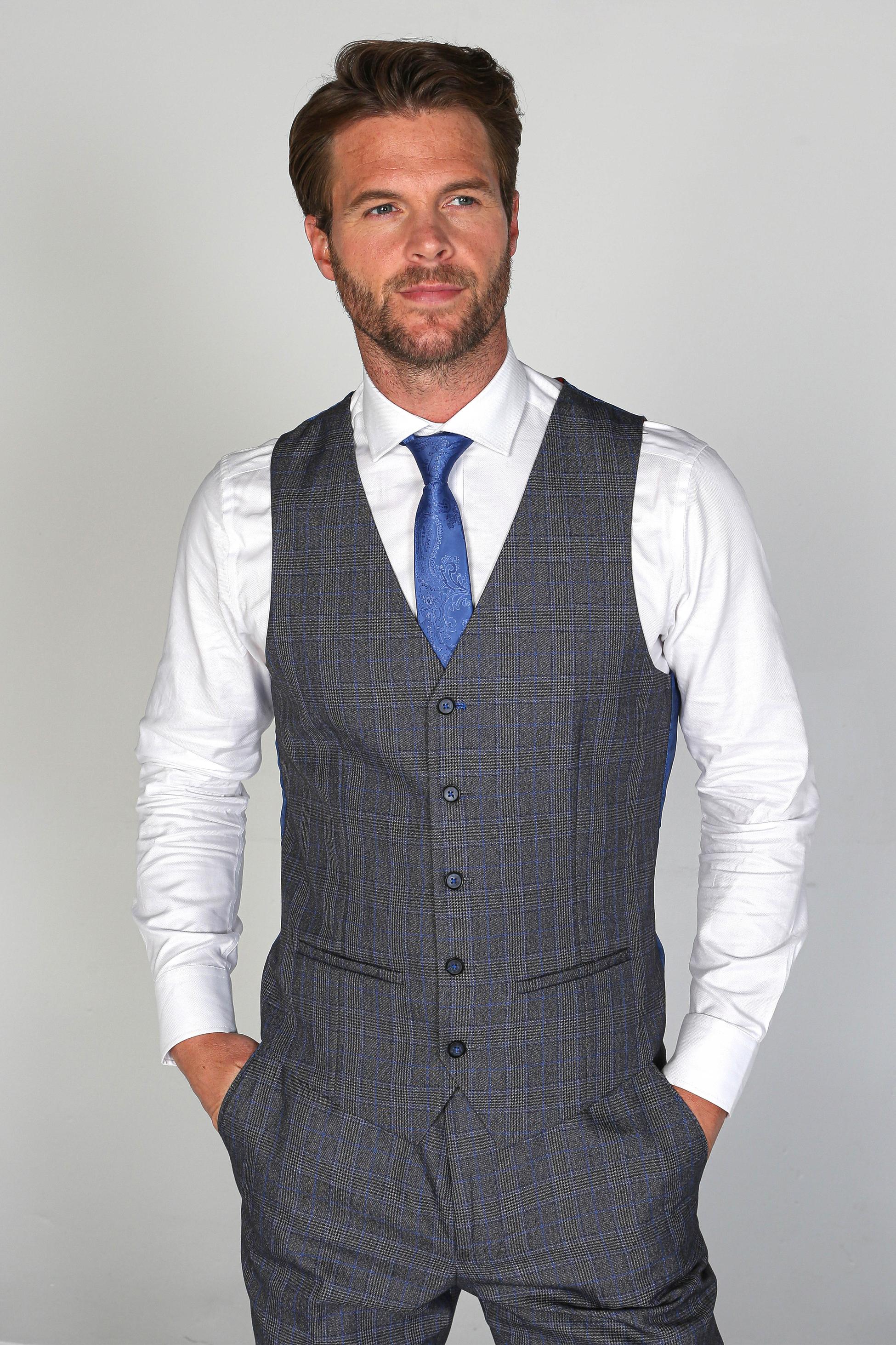 Men's Check Textured Tailored Fit Formal Suit - HENRY - Grey - Blue