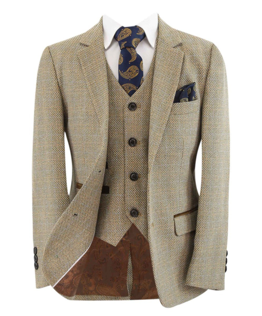 Boys Tweed Tailored Fit Formal Suit - Ralph - Beige