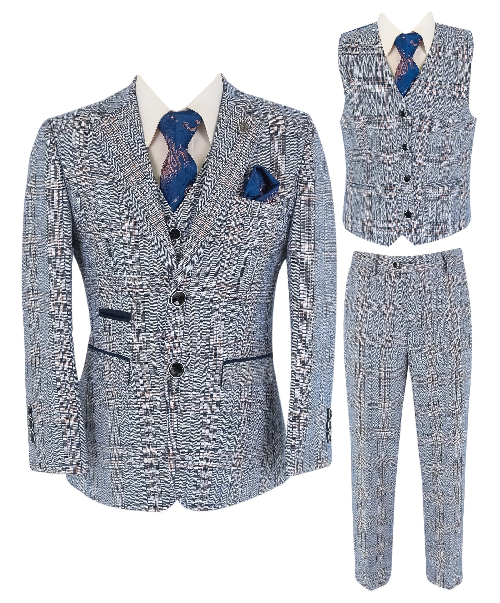 Boys Windowpane Check Slim Fit Suit - LEVI Blue