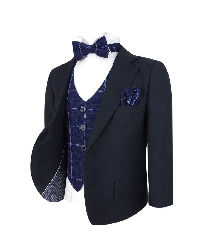 Boys Navy with Tweed Check Waistcoat Suit Set - Navy Blue