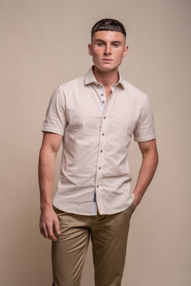 Men's Slim Fit Linen Blend Short Sleeve Shirt - FUEGO - Beige