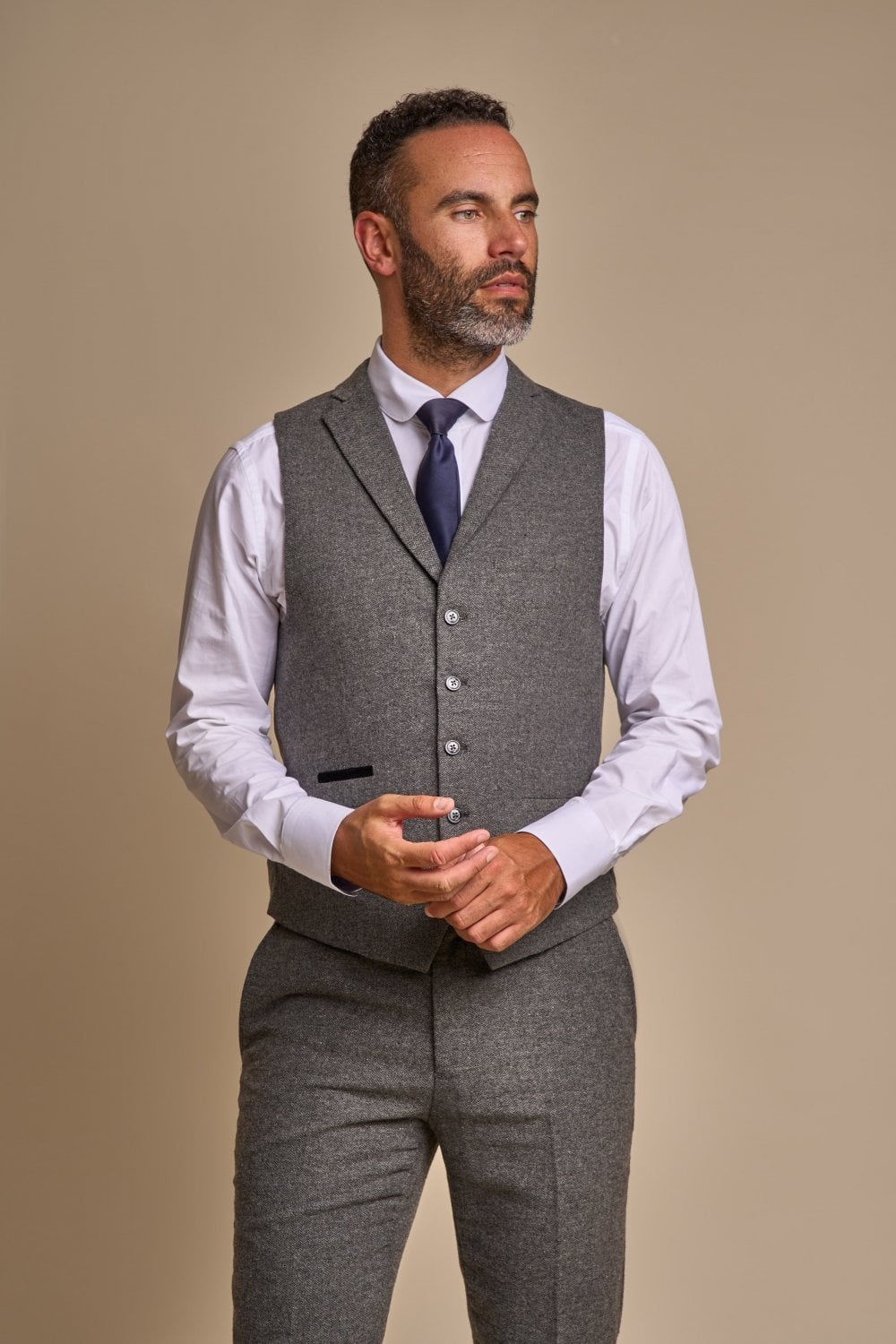 Men's Herringbone Tweed Slim Fit Waistcoat - MARTEZ - Grey