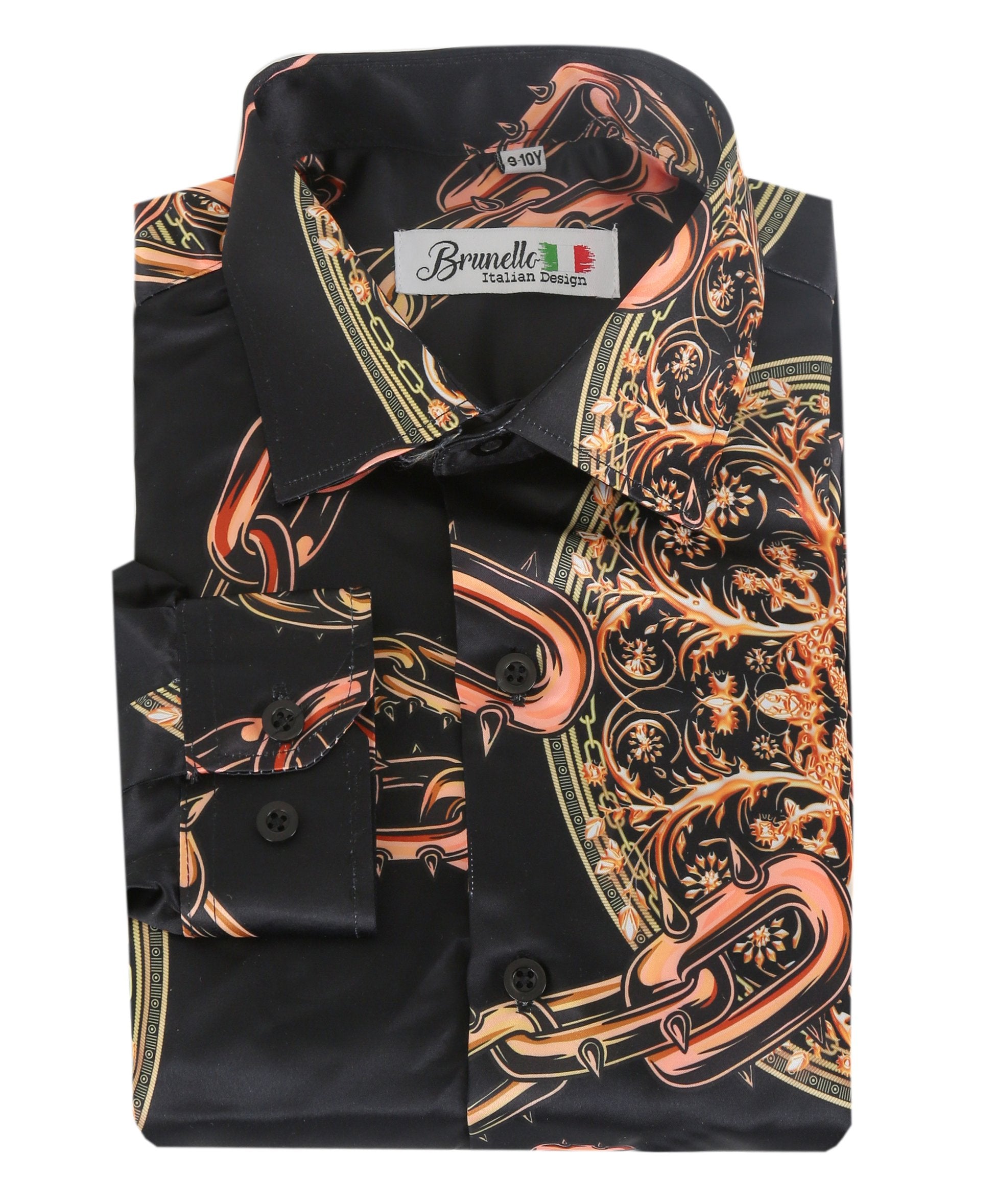 Men's Long Sleeve Printed Satin Shirt - Black and Orange