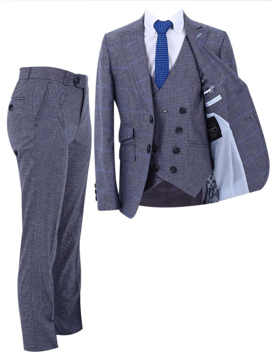 Boys Retro Check Slim Fit Formal Suit - Grey