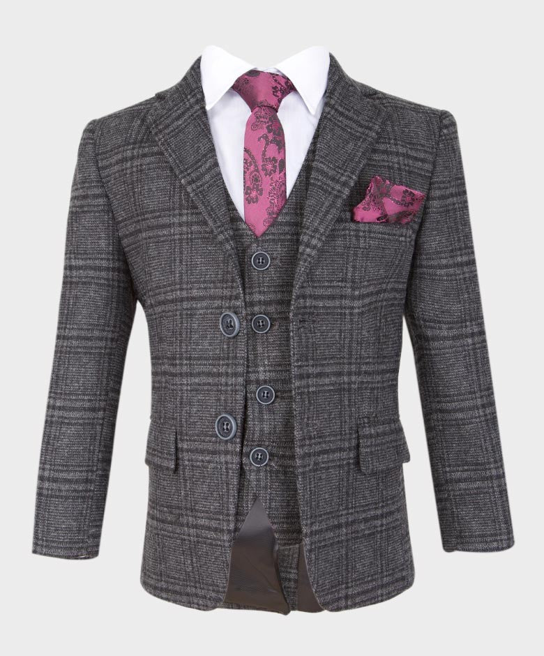 Boys Tailored Fit Tweed Check Suit - HURRICANE - Charcoal Grey