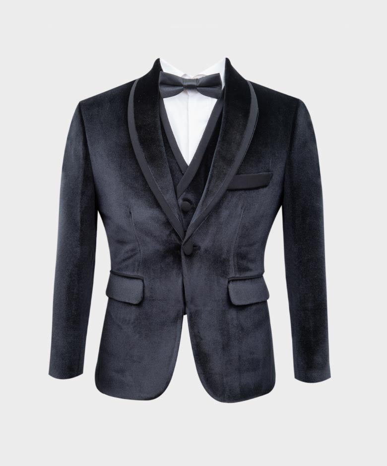 Boys Sheen Lapel Velvet Tuxedo Suit - Black