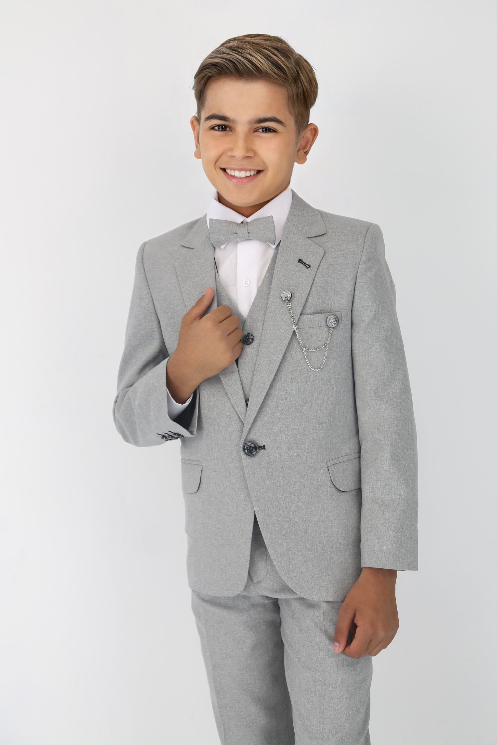 Boys Slim Fit Textured 8-Piece Formal Suit Set - Light Grey