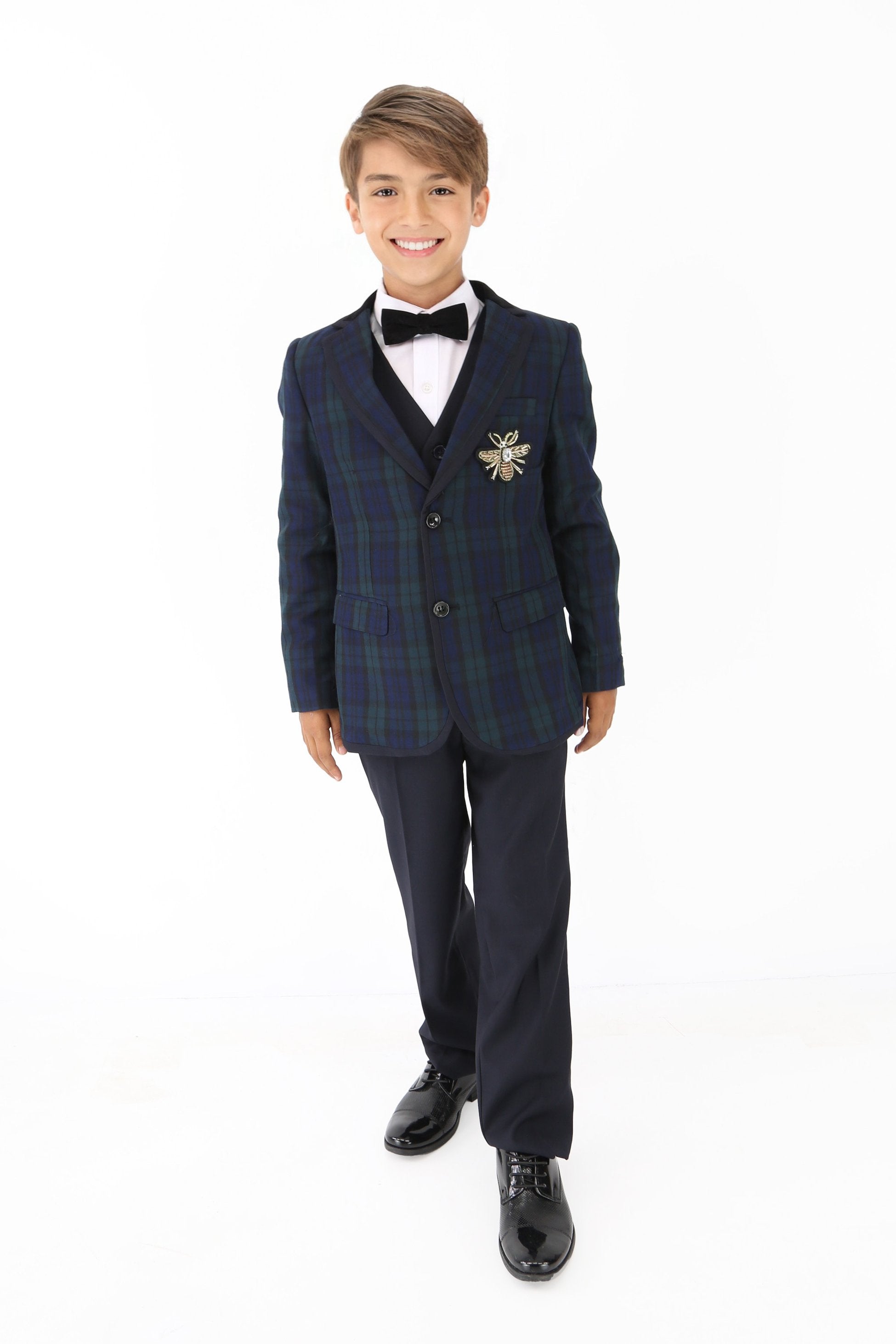 Stylish Boys Tartan Plaid Suit - Navy Blue - Green