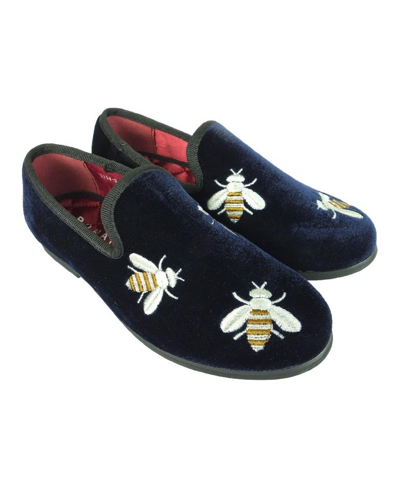 Boys Velvet Bee Embroidered Slip On Loafers - Navy Blue