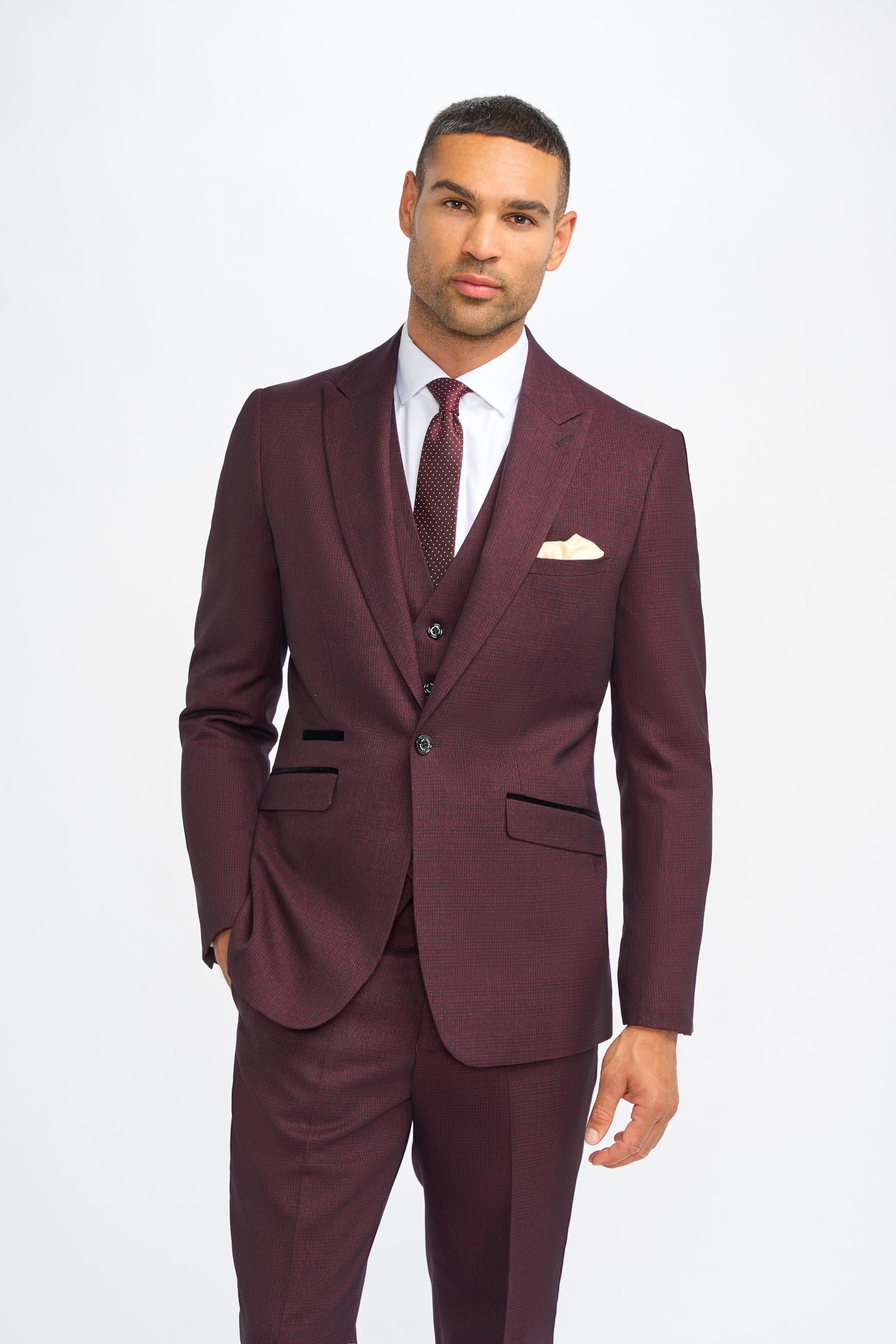 Men's Slim Fit Houndstooth Tweed Suit 3-Piece - CARIDI WINE - Wine