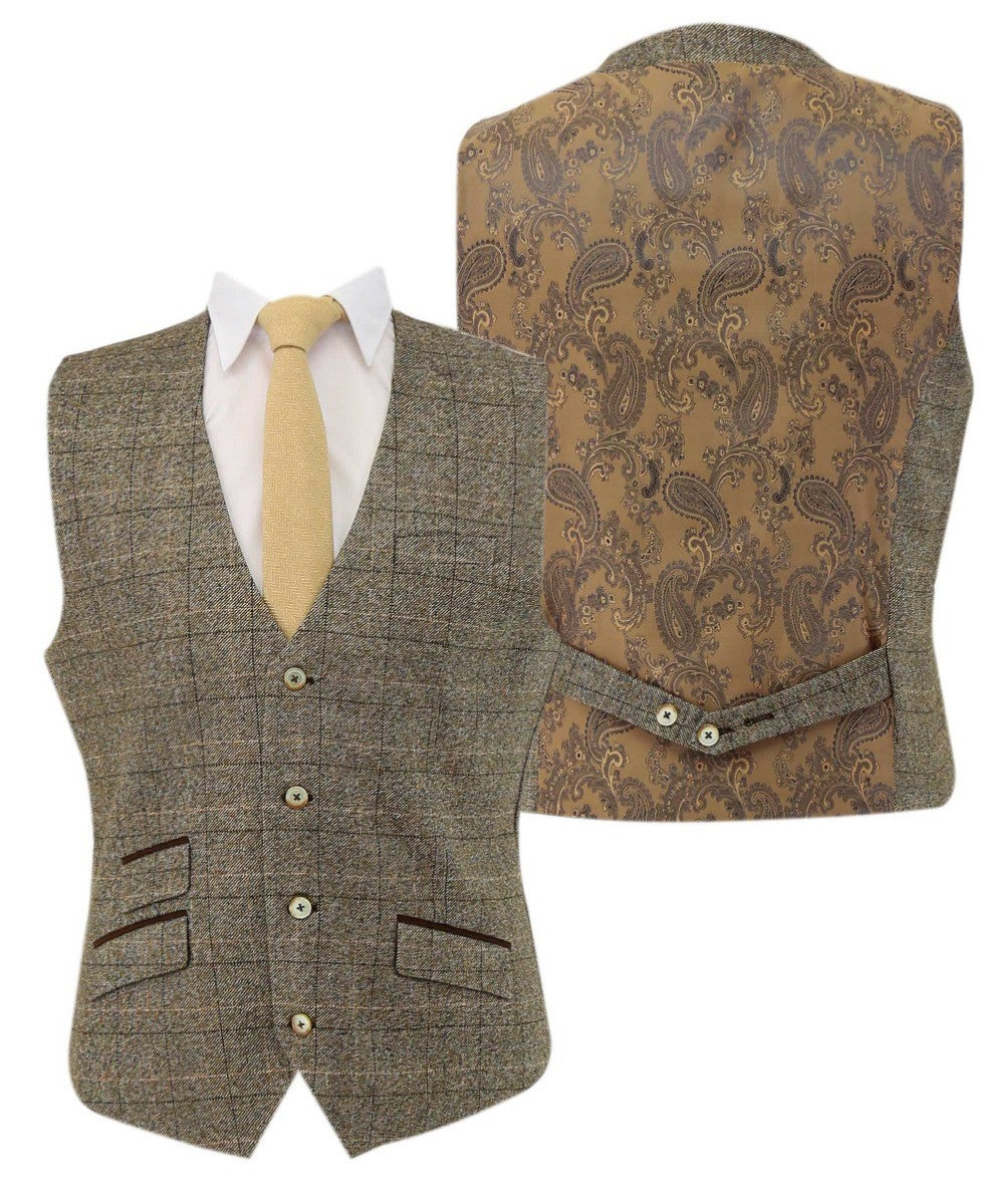 Men's Tweed Windowpane Check Waistcoat - LIAM Beige - Beige