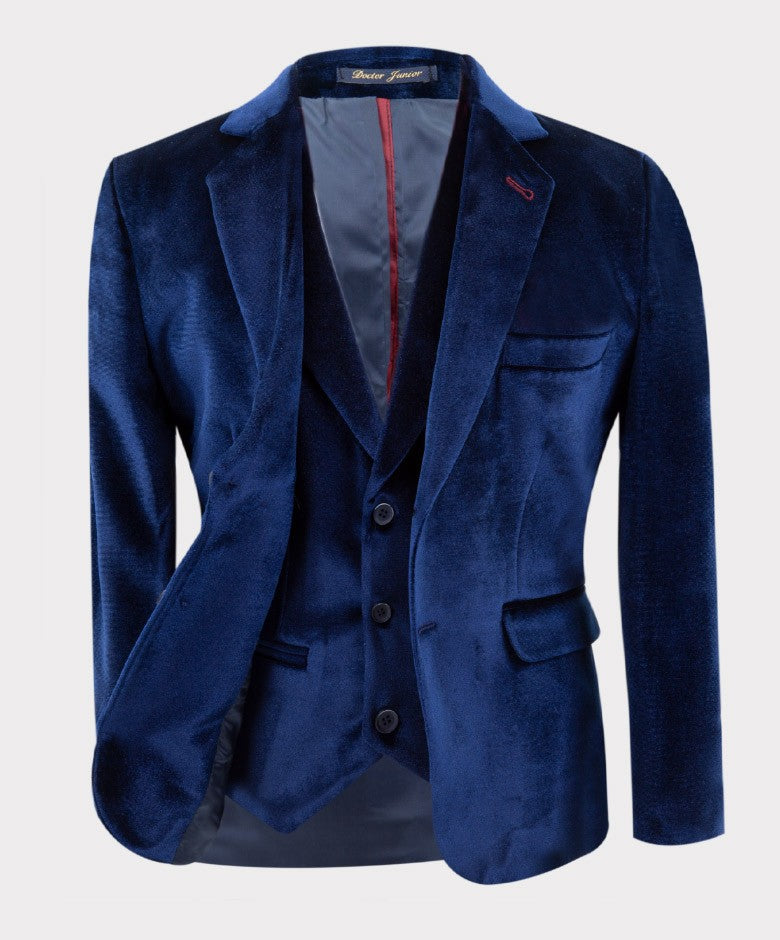 Boys Tailored Fit Velvet Blazer with Elbow Patches - Navy Blue