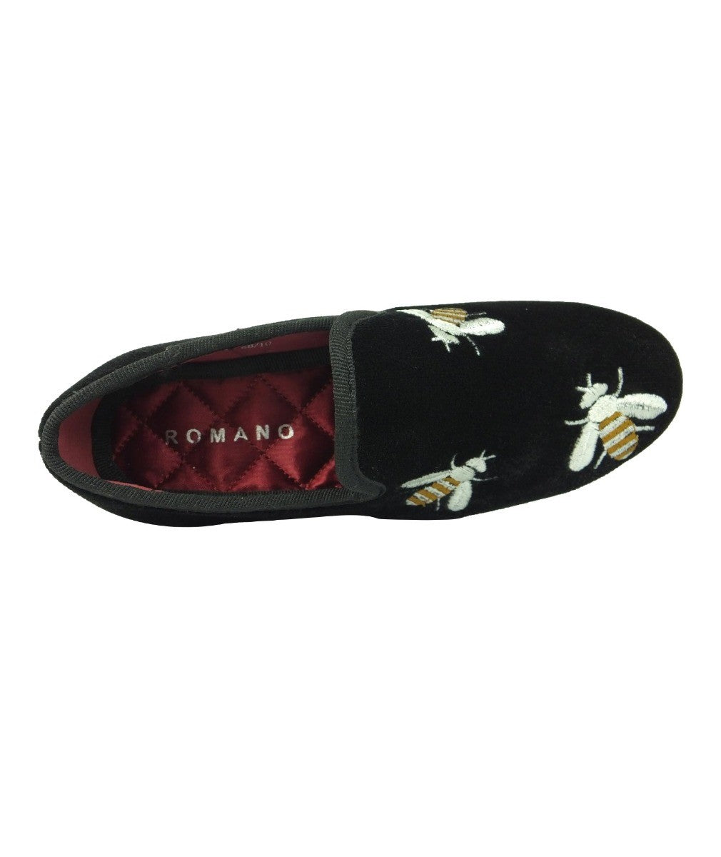 Boys Velvet Bee Embroidered Slip On Loafers - Black