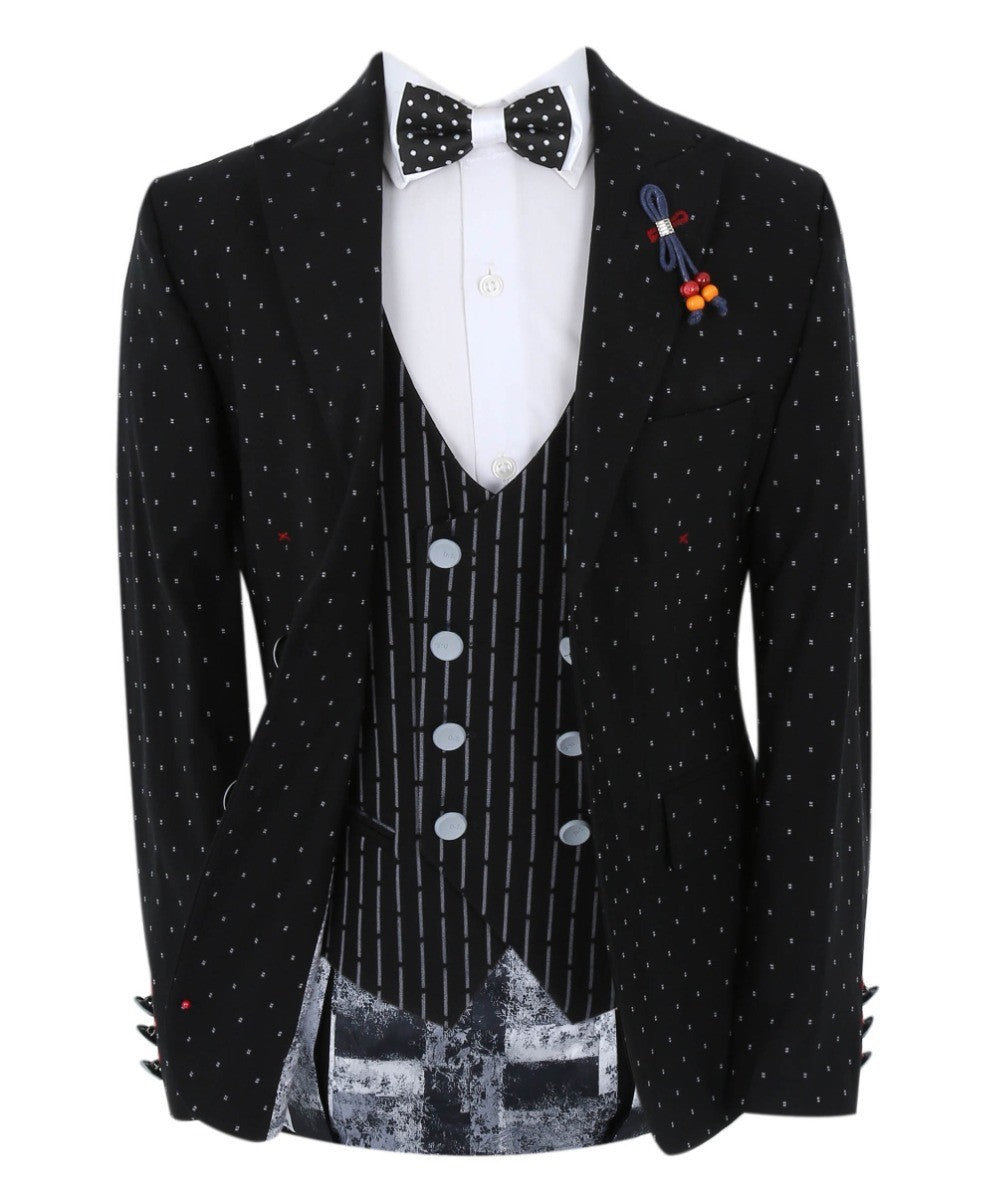 Boys Polka Dot Slim Fit Black Suit - Avagadro - Black