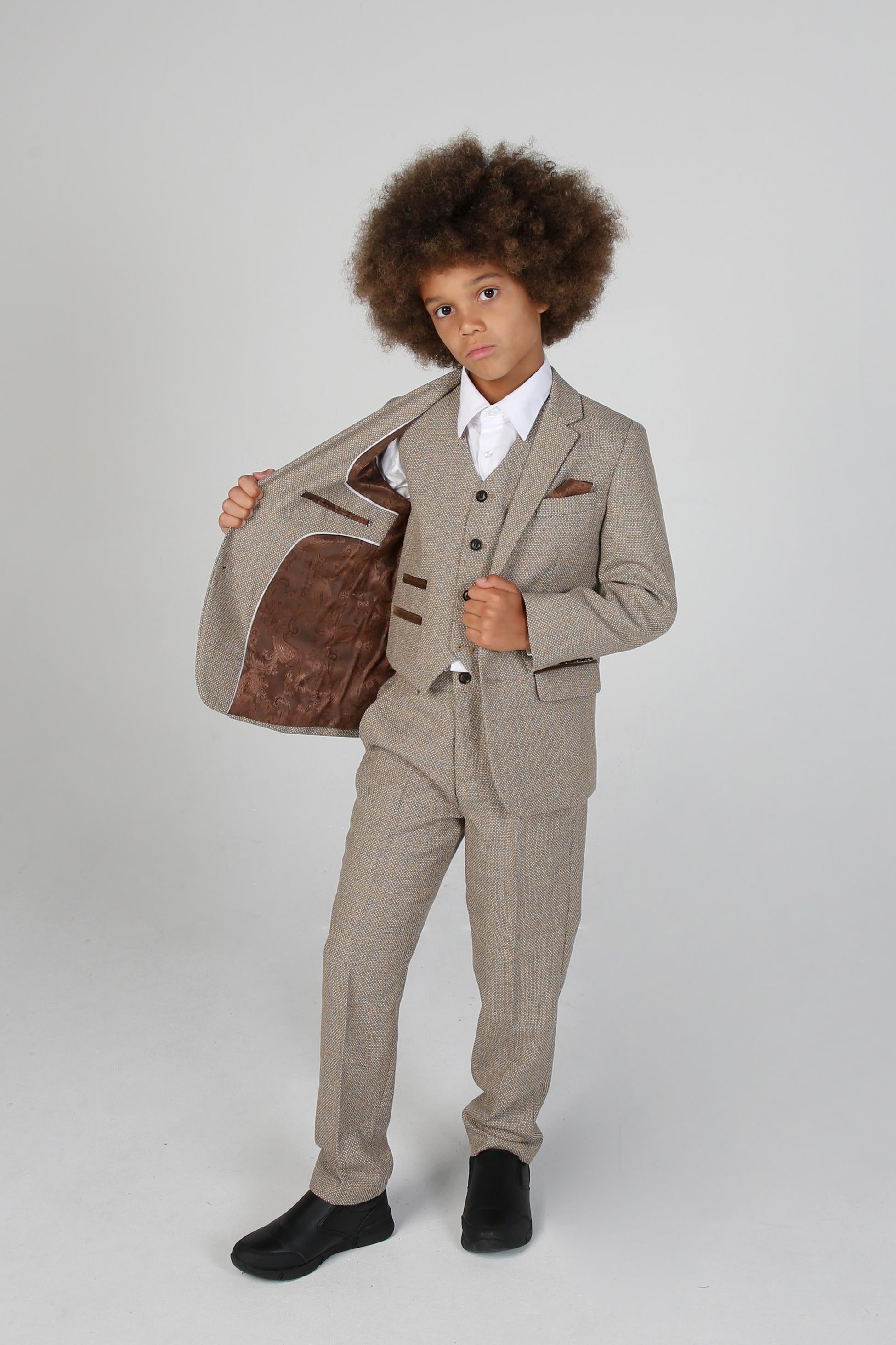 Boys Tweed Tailored Fit Formal Suit - Ralph - Beige