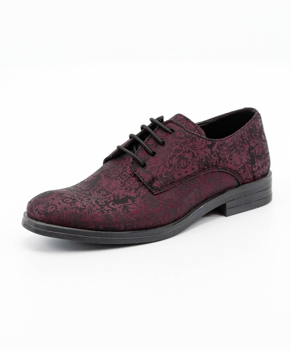 Boys Paisley Patterned Lace Up Derby Shoes - Burgundy - Black