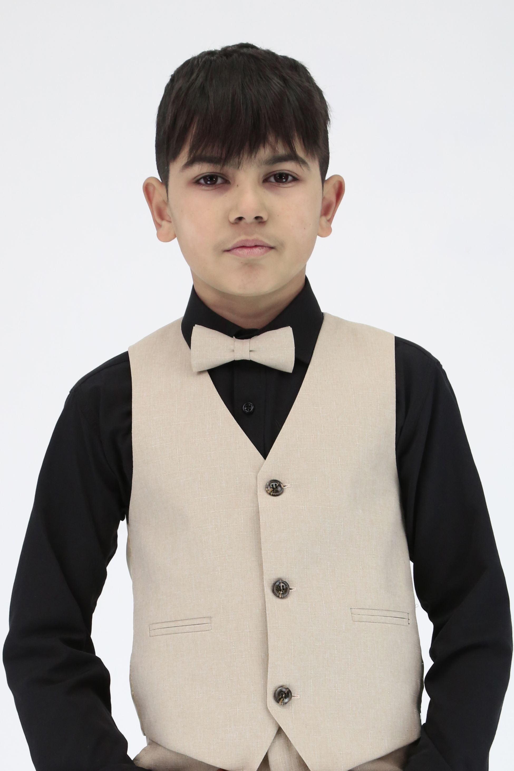 Boys Slim Fit Textured 6-Piece Beige Communion Suit with Black Shirt - Beige