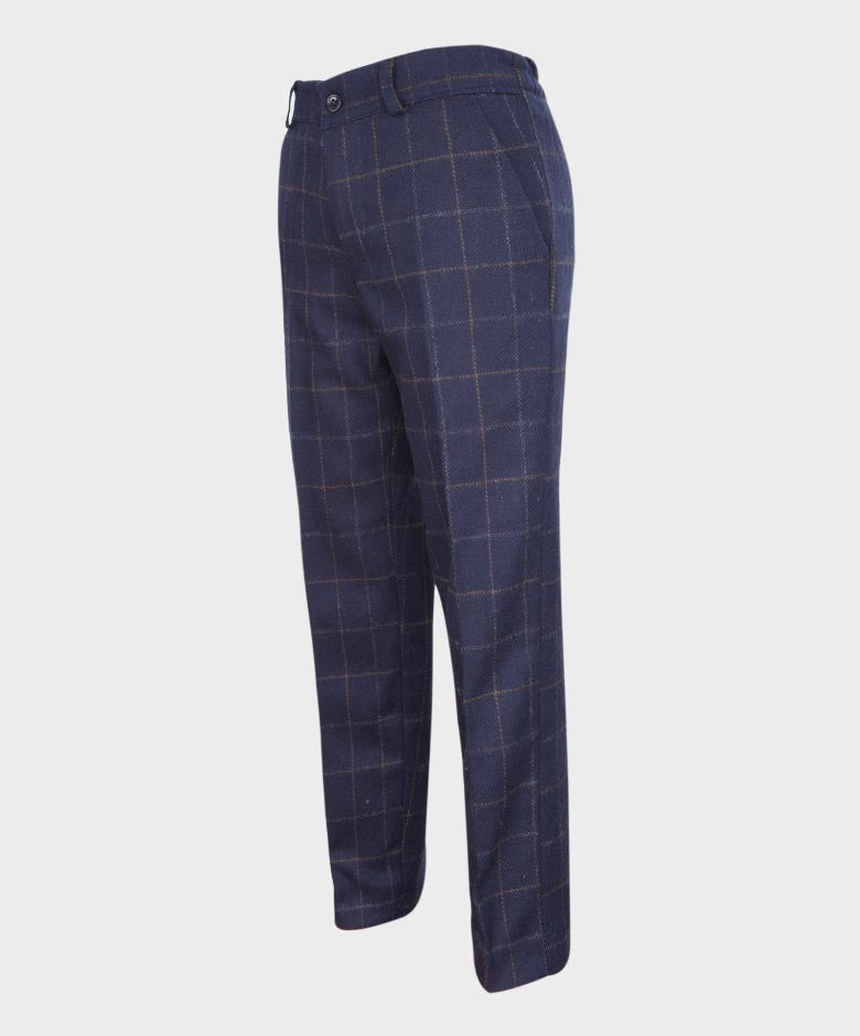 Boys Shelby Windowpane Check Navy Trousers - Navy Blue