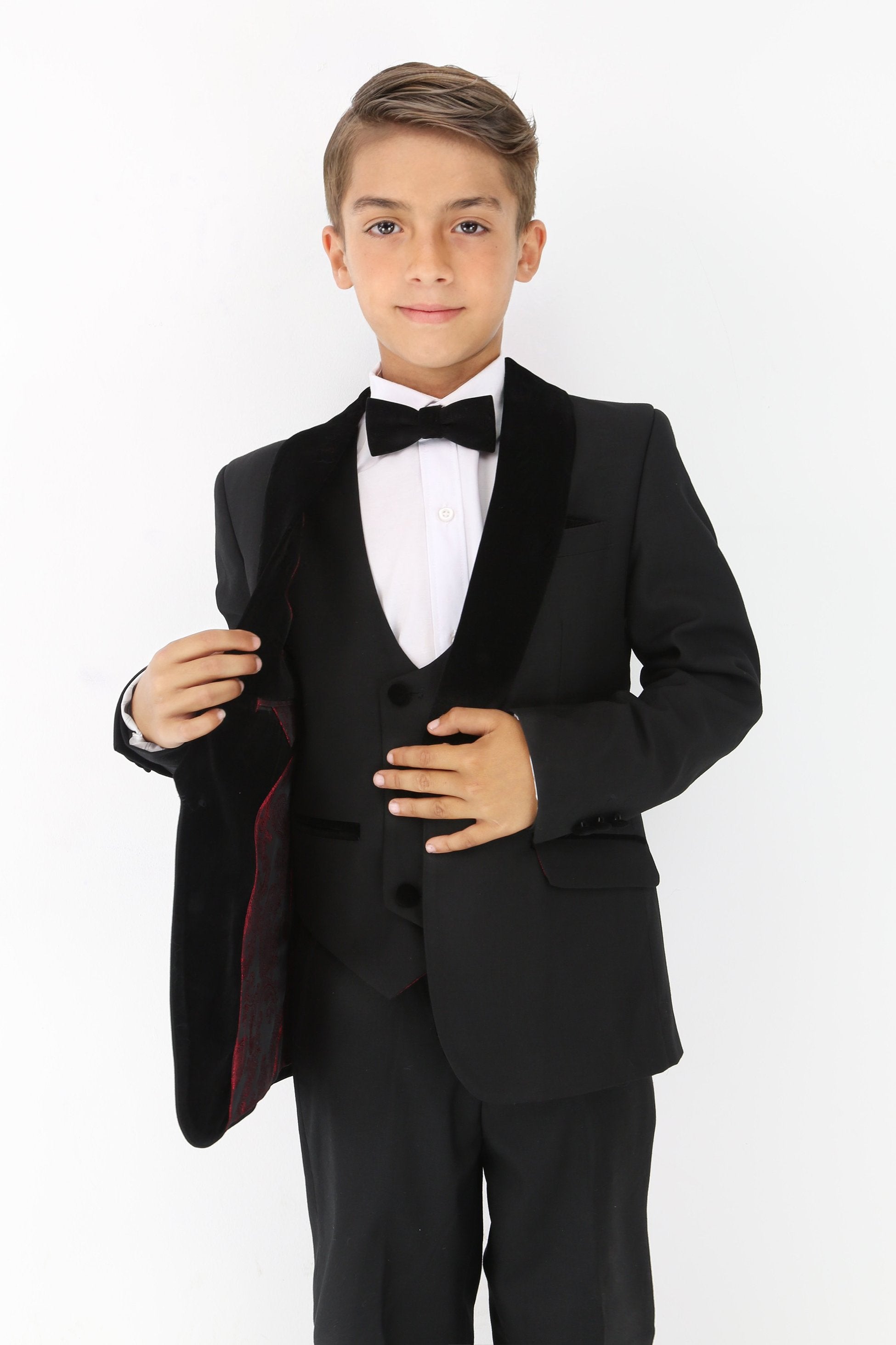 Boys Velvet Trim Black Formal Suit - Black