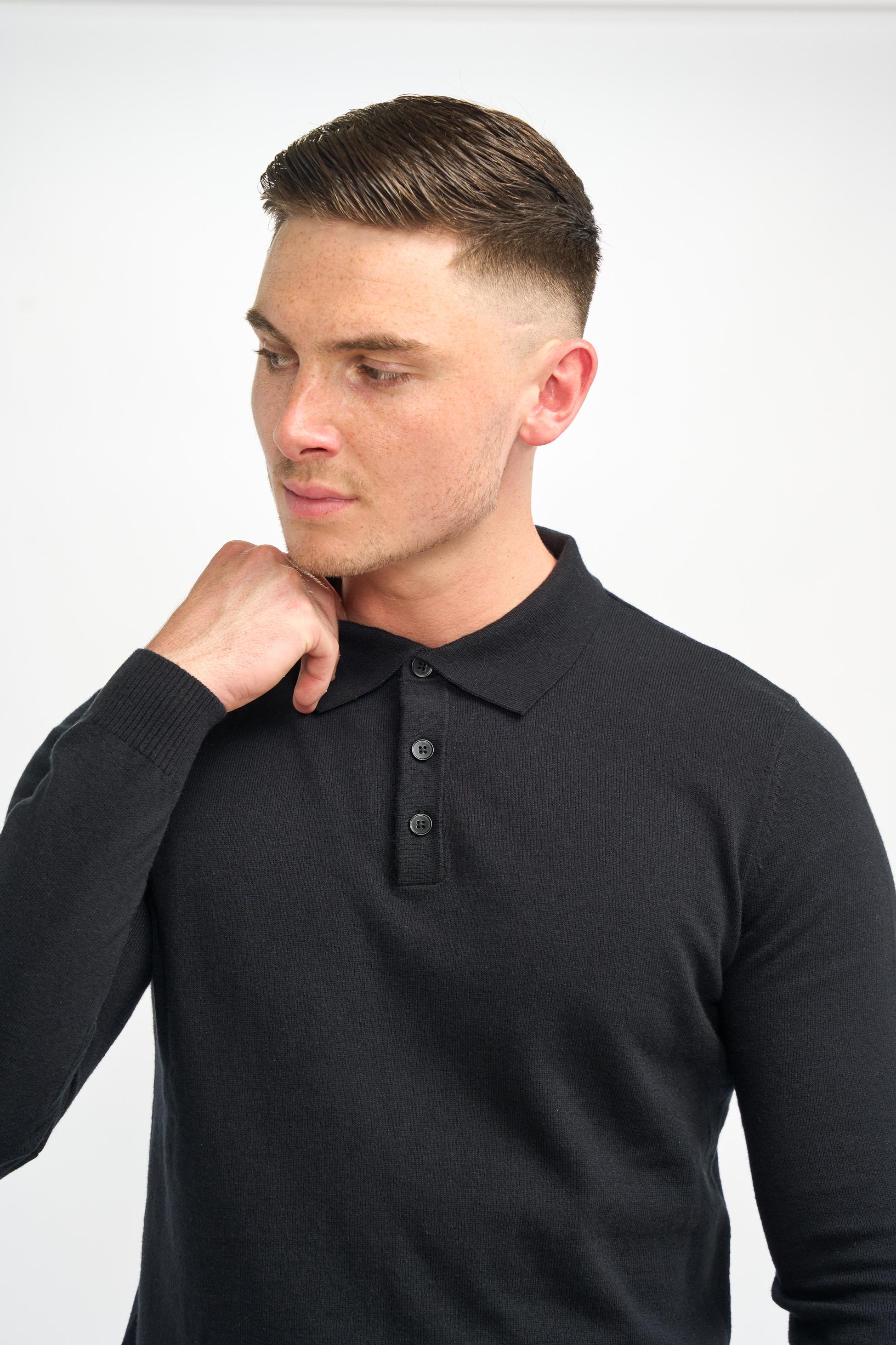 Men’s Wool Knit Long Sleeve Polo Shirt - Boom - Black