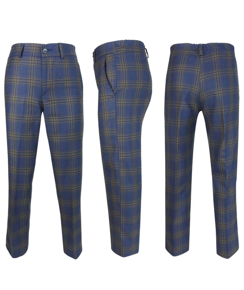 Boys Windowpane Check Tweed Tailored Fit Suit - Navy Blue - Brown