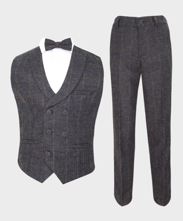 Boys Herringbone Check Double-breasted Waistcoat Suit Set - Dark Grey