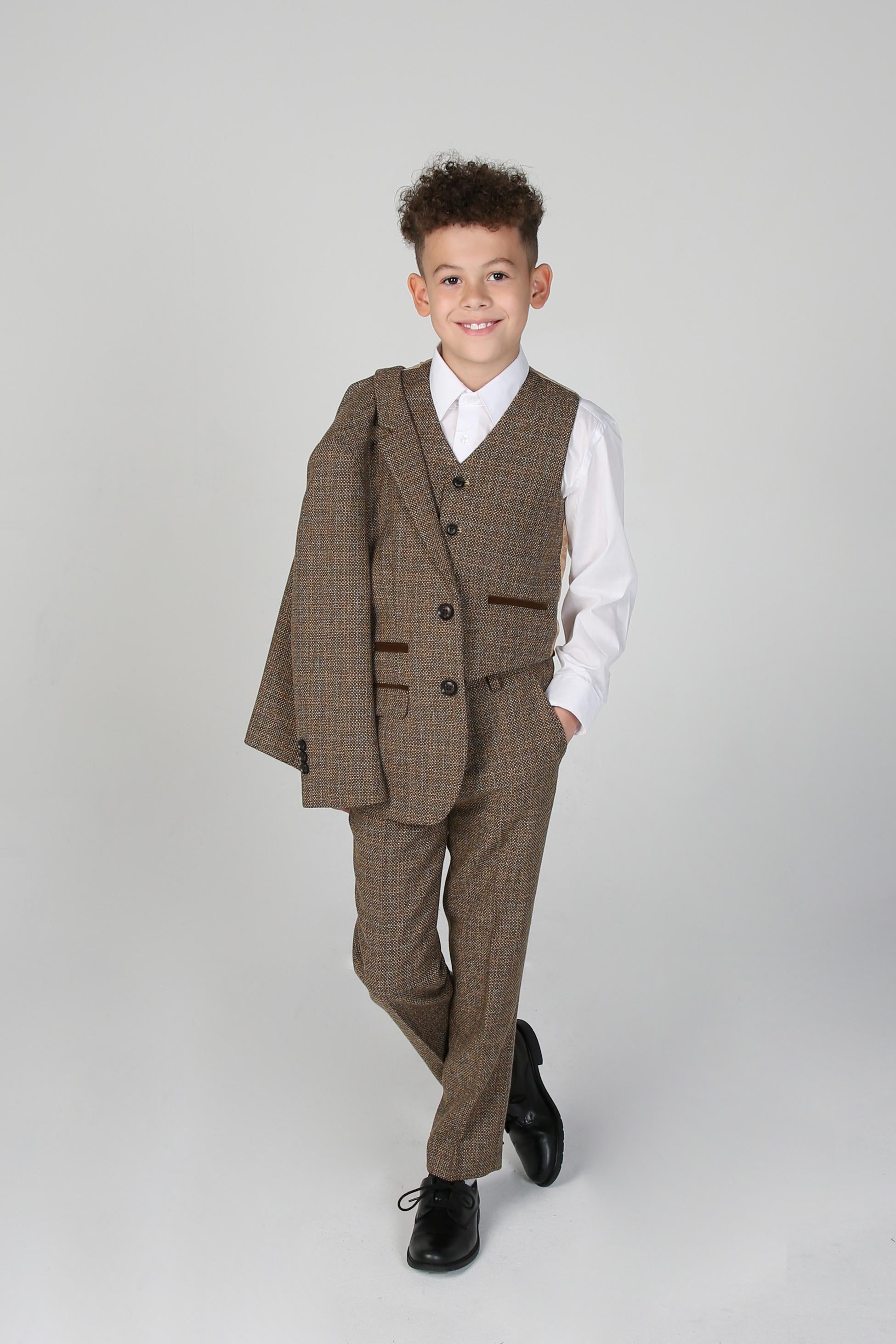 Boys Tweed Tailored Fit Formal Suit - Ralph - Brown