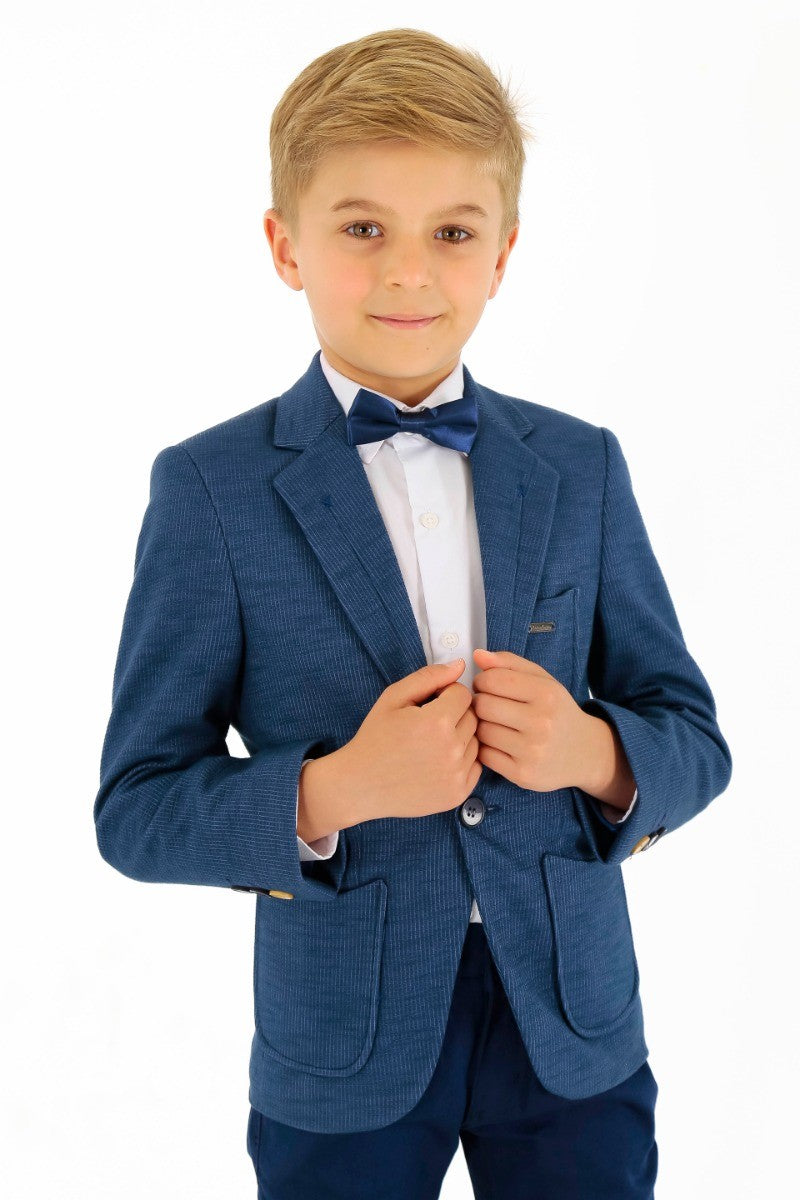 Boys Cotton Blend Slim Fit Formal Twill Blazer - Navy Blue