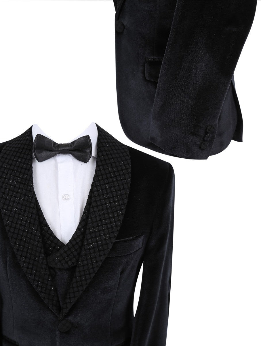 Boys Velvet Slim Fit Tuxedo Dinner Suit - Black