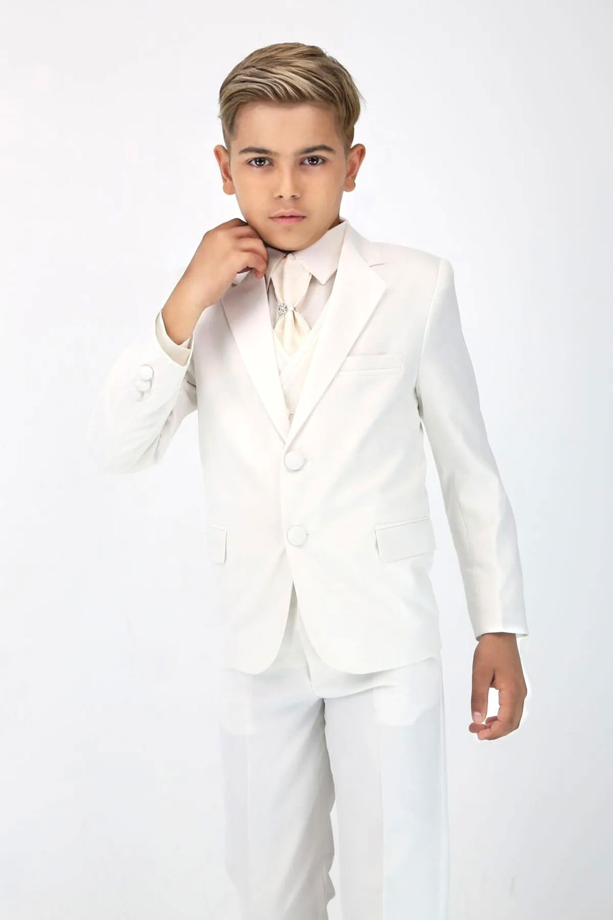 Boys 5 PC Ivory Suit Set, with Double-breasted Vest - Ivory