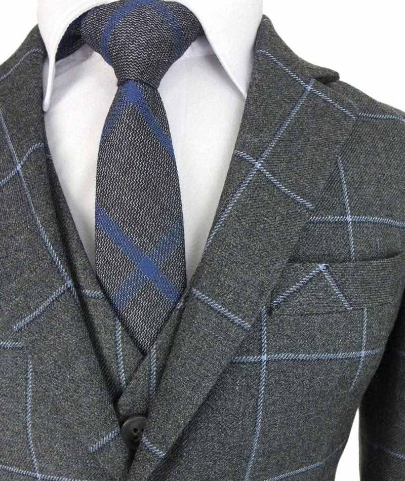 Boys Windowpane Check Slim Fit Suit - Grey - Blue