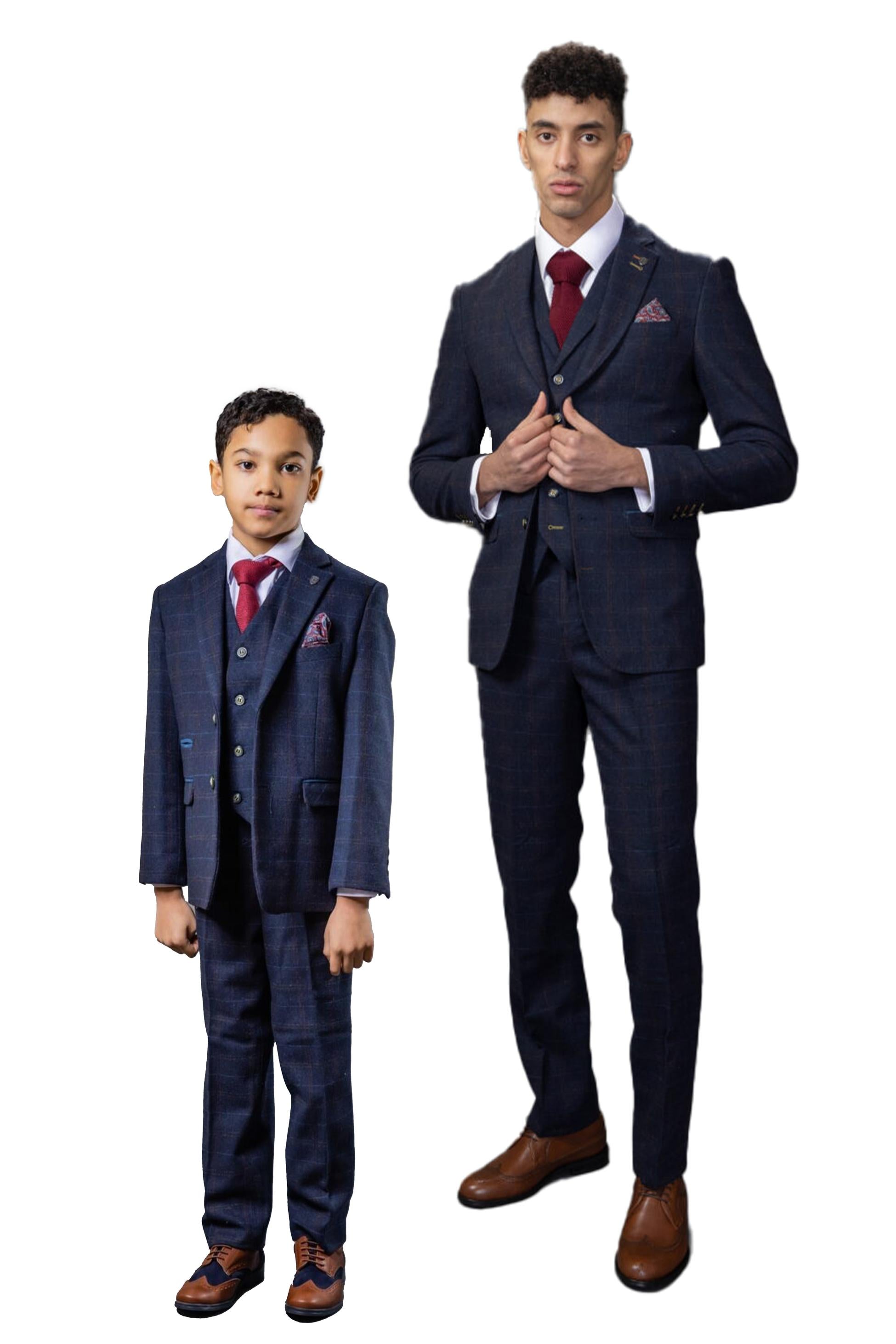 Men's Tweed Windowpane Tailored Fit Navy Suit - RYAN - Navy Blue