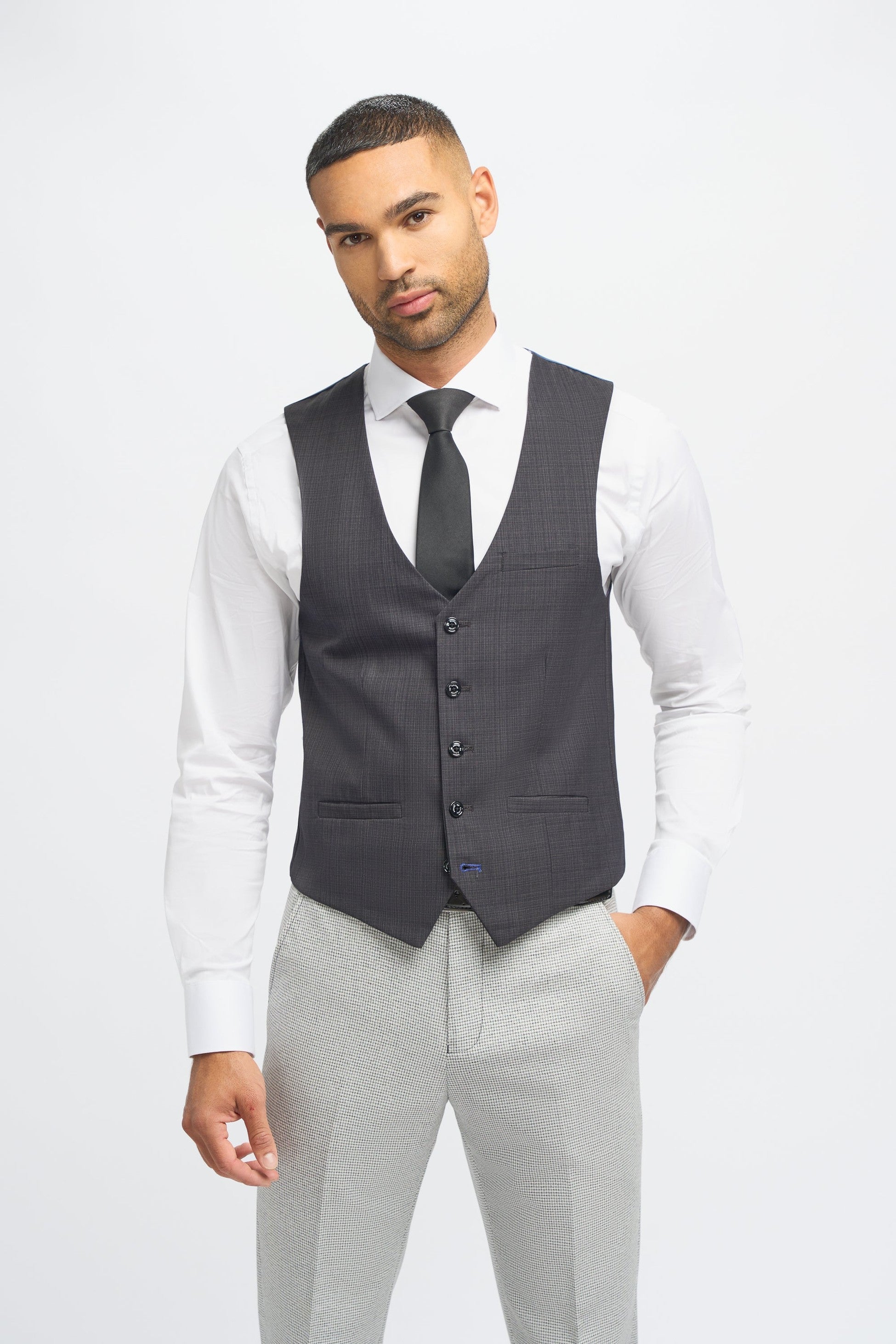 Men's Dark Grey Slim Fit Suit Jacket and Waistcoat with Light Grey Houndstooth Trousers - Grey