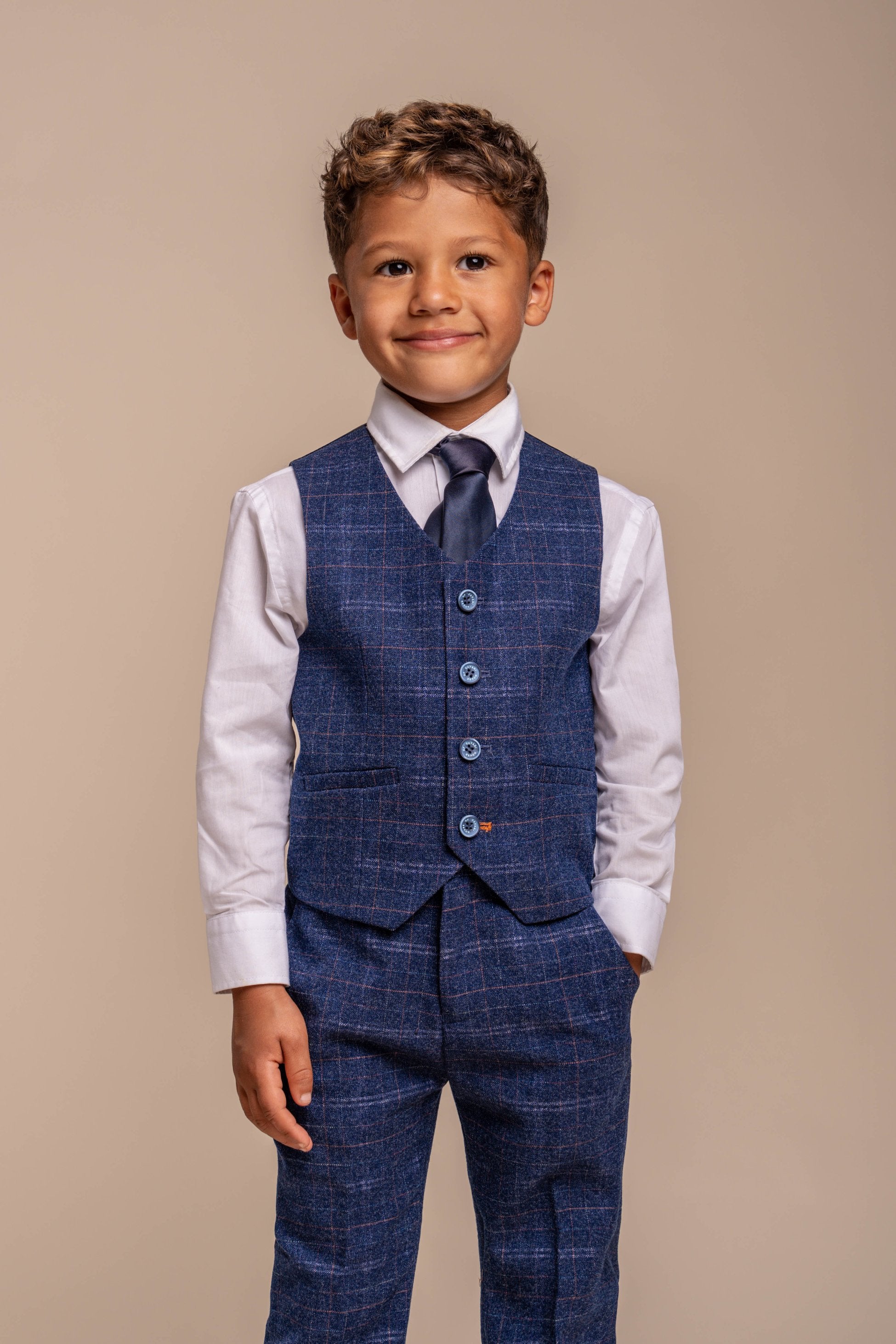 Boys Tweed Check Navy Slim Fit Suit - KAISER - Navy Blue