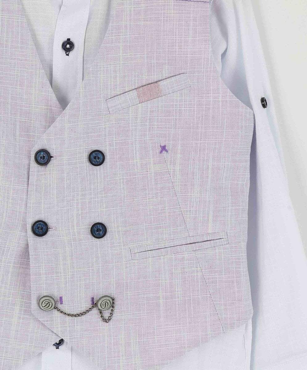 Boys Self Patterned Double-Breasted Linen Waistcoat Suit Set - Lilac