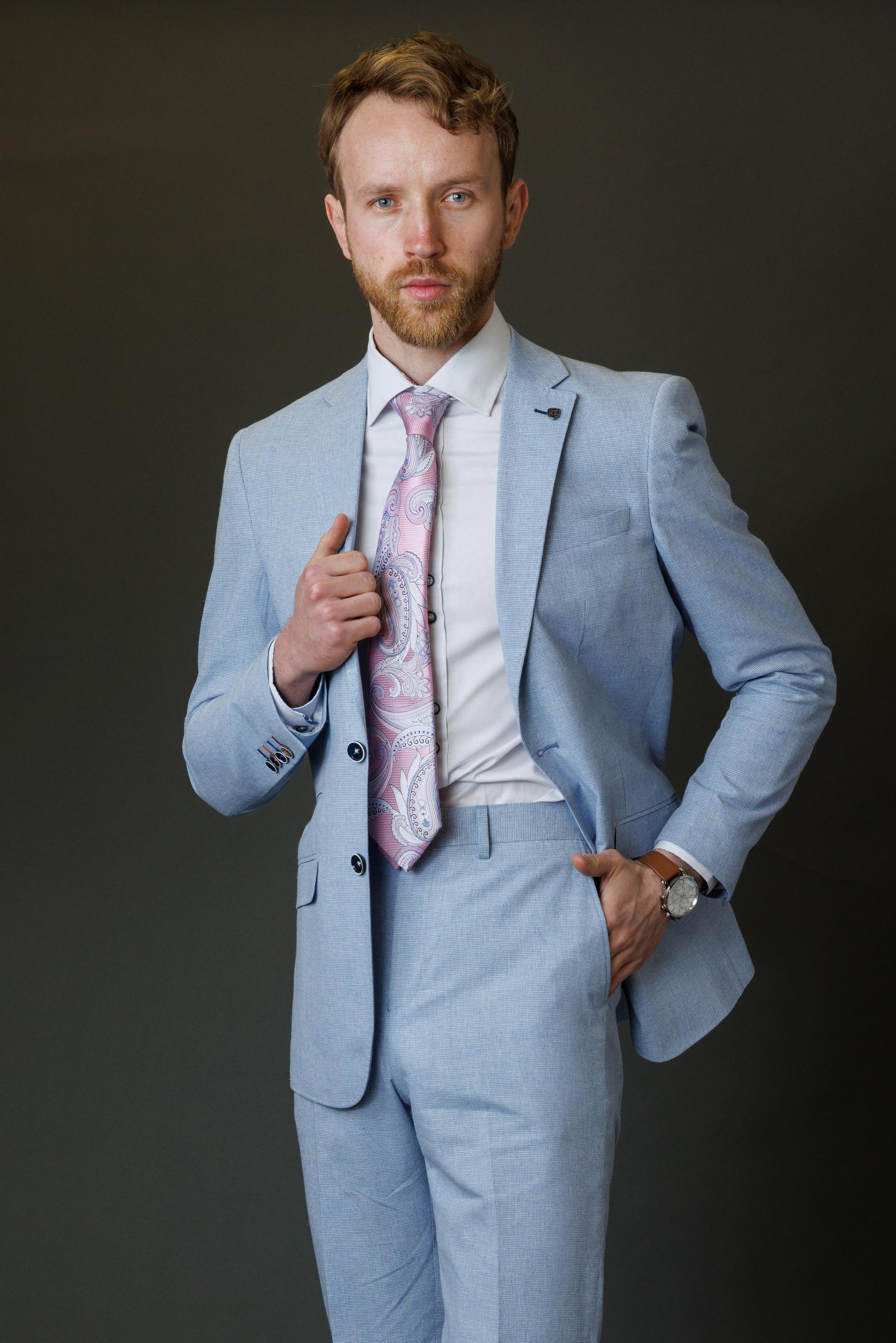 Men's Self Patterned Slim Fit Suit - JUDE - Light Blue