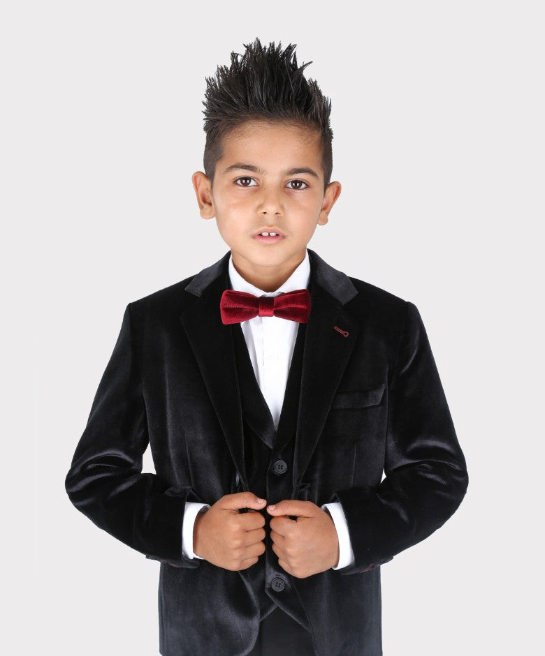 Boys Tailored Fit Velvet Blazer with Elbow Patches - Black