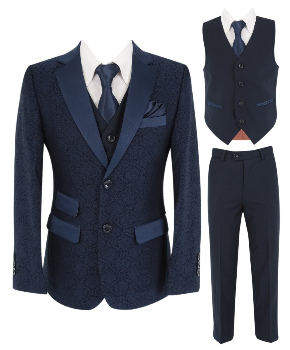 Boys Patterned Navy Suit - JACQUARD - Navy Blue