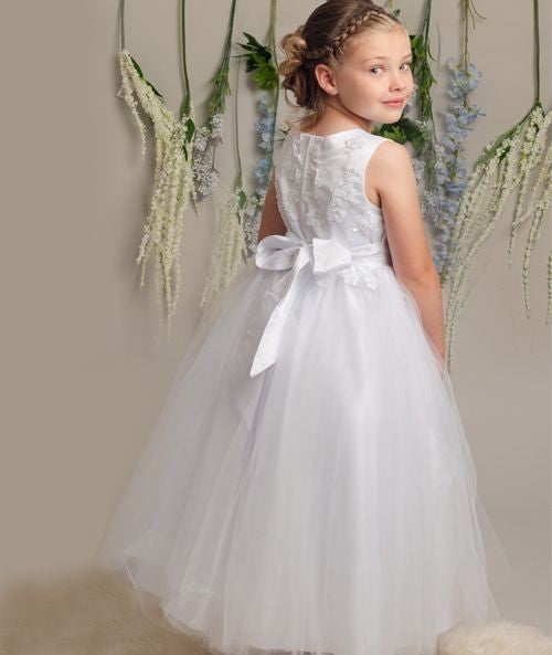 Girls Dress with Embroidery and Tulle Skirt - LYNN - White