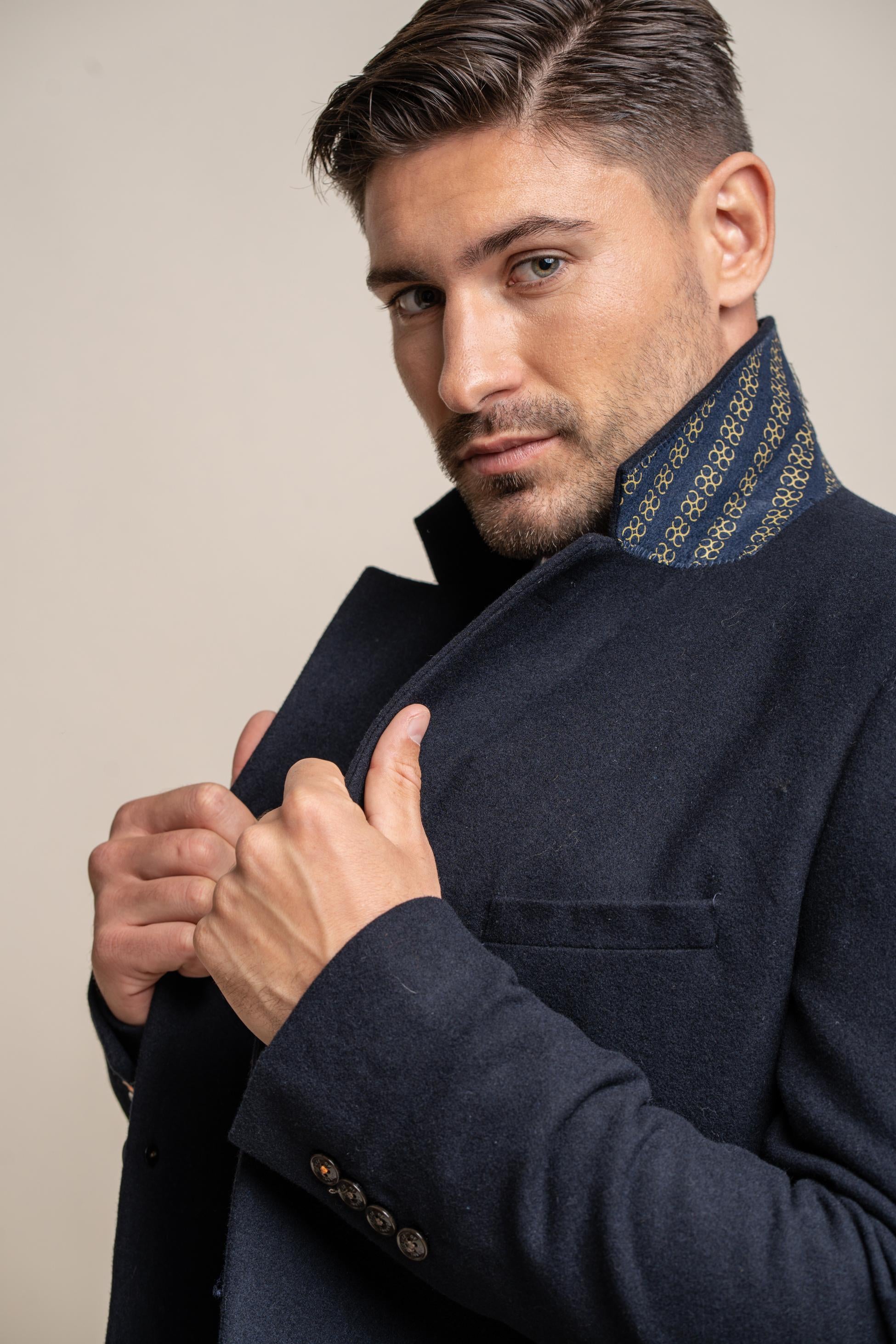 Men's Wool Midi Coat - ROMAN - Navy Blue