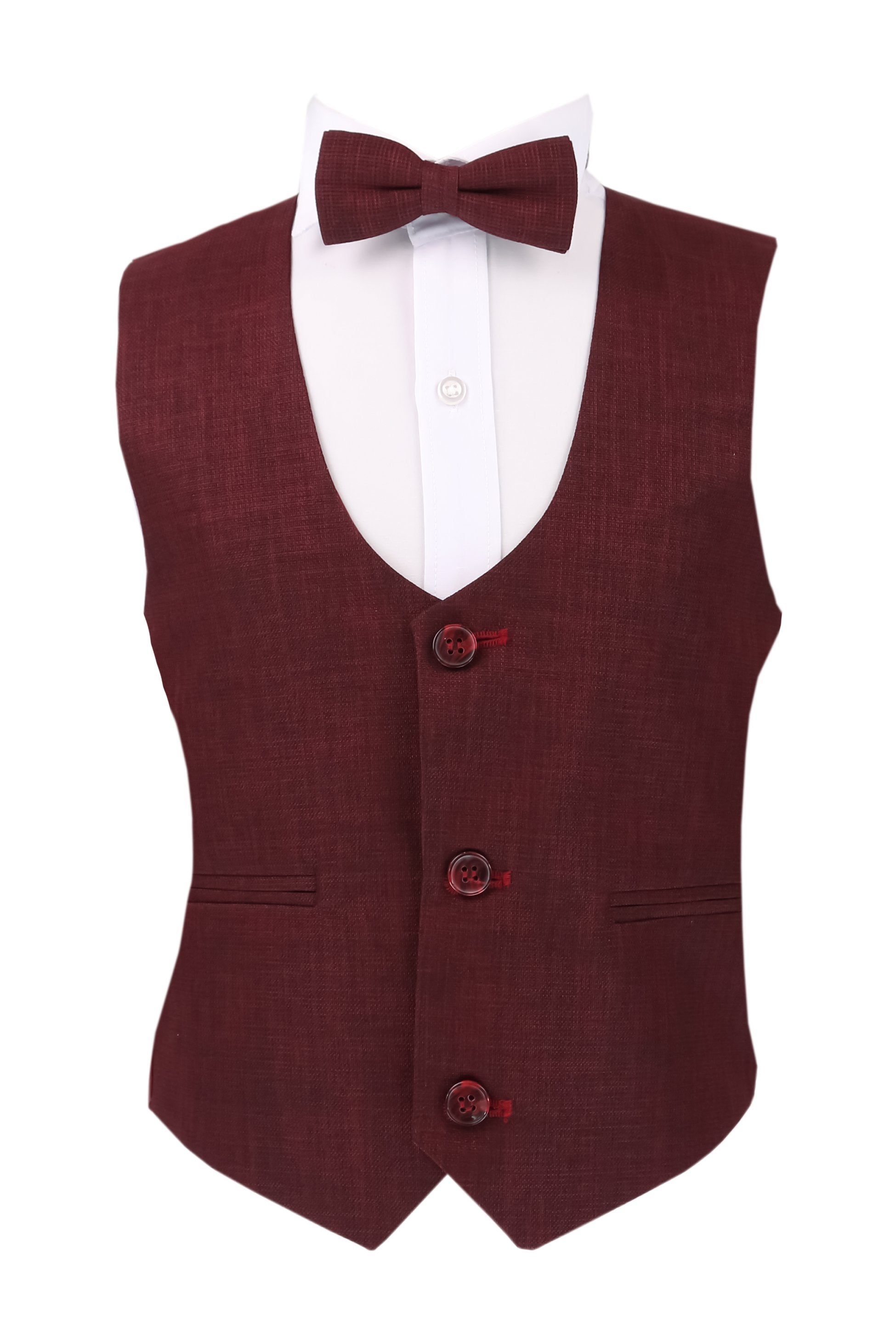 Boys Slim Fit Windowpane Check Burgundy Suit Set - Burgundy