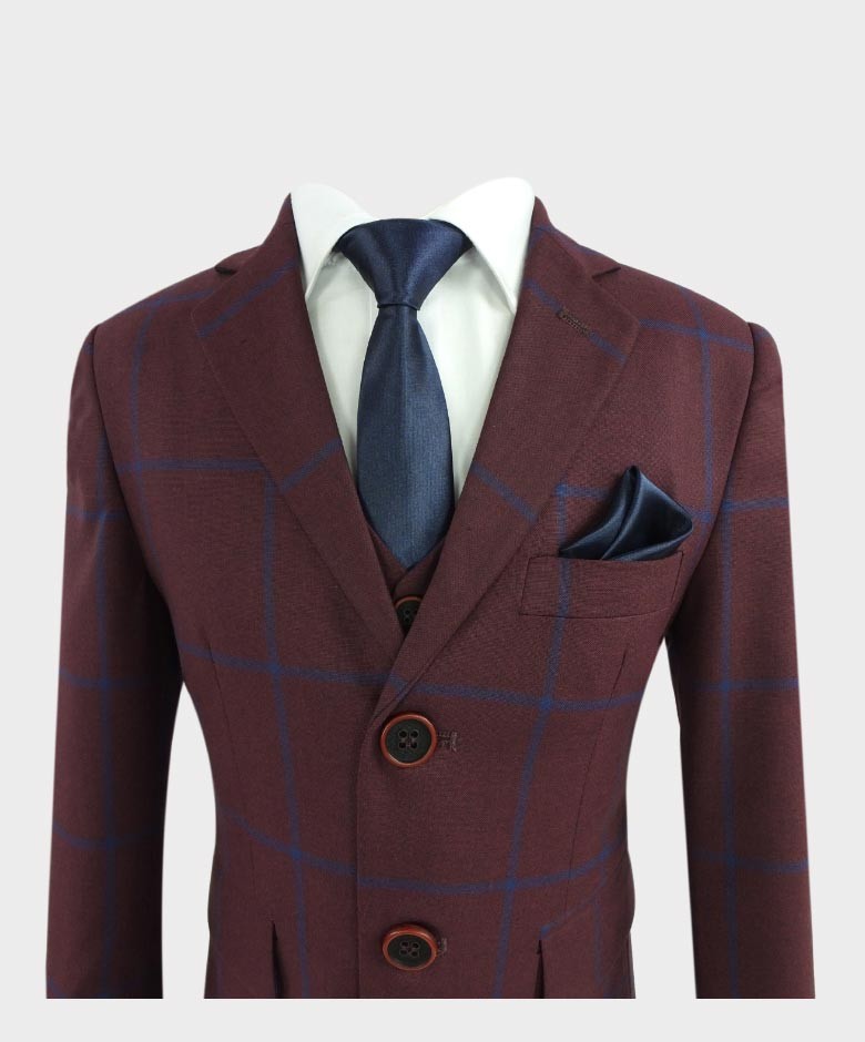 Boys Tailored Fit Windowpane Check Suit - Burgundy