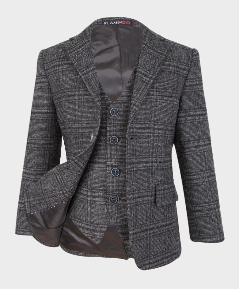 Boys Tailored Fit Tweed Check Suit - HURRICANE - Charcoal Grey