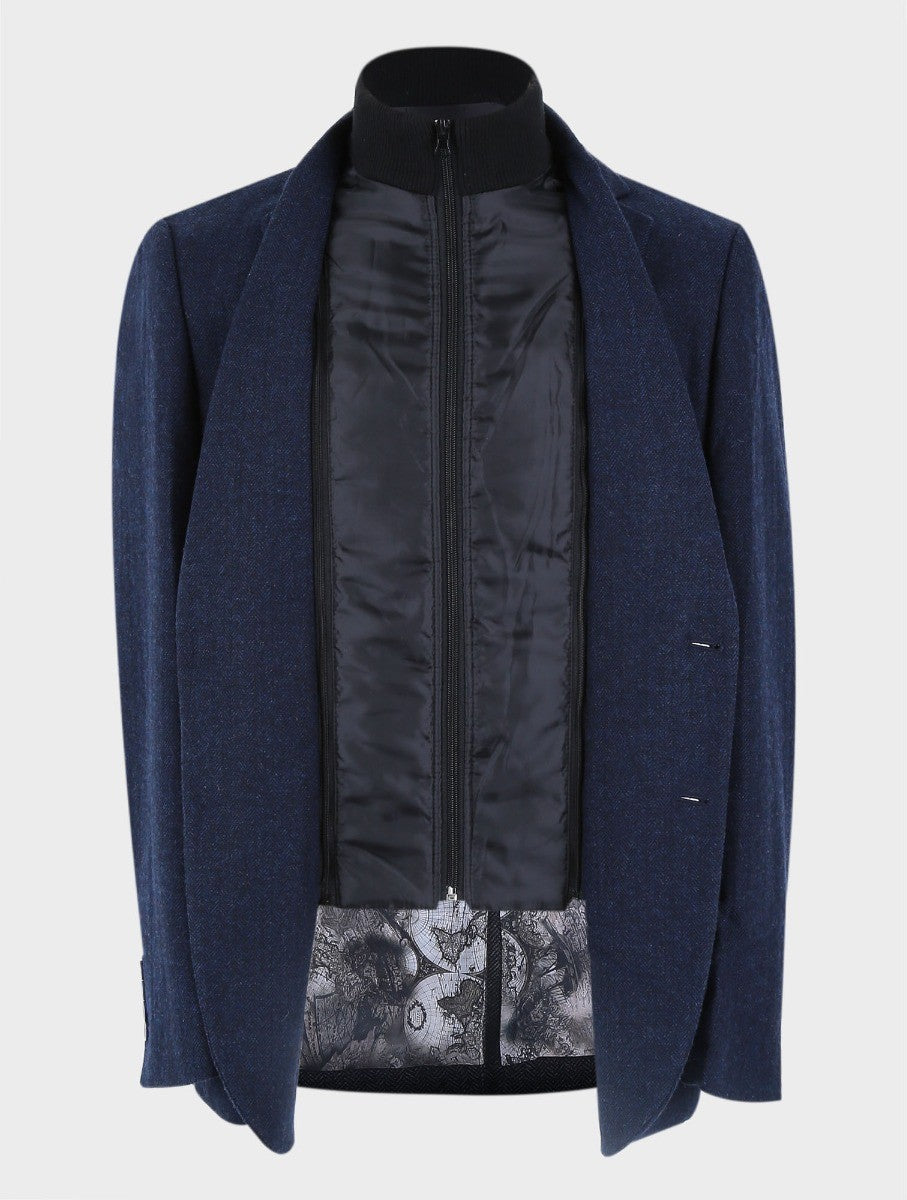 Men's Herringbone Navy Coat with Removable Zipper - Navy Blue