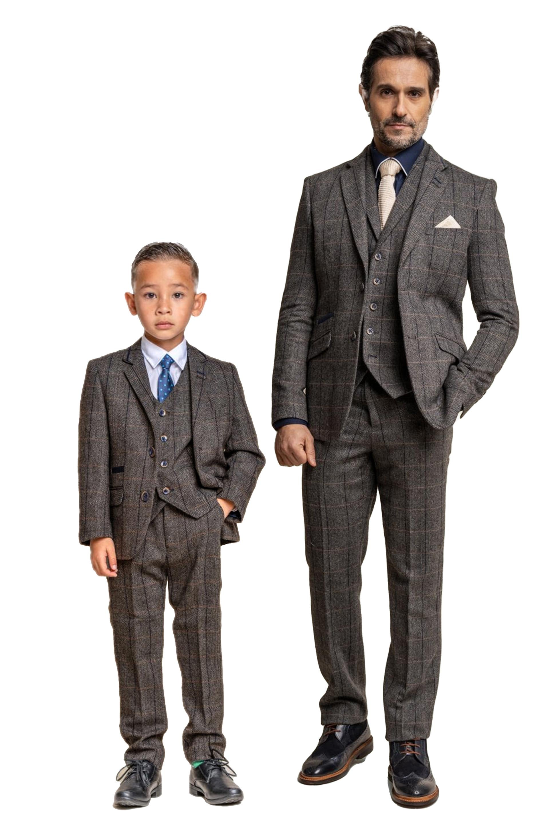 Boys Wool Blend Herringbone Check Suit - ALBERT - Grey