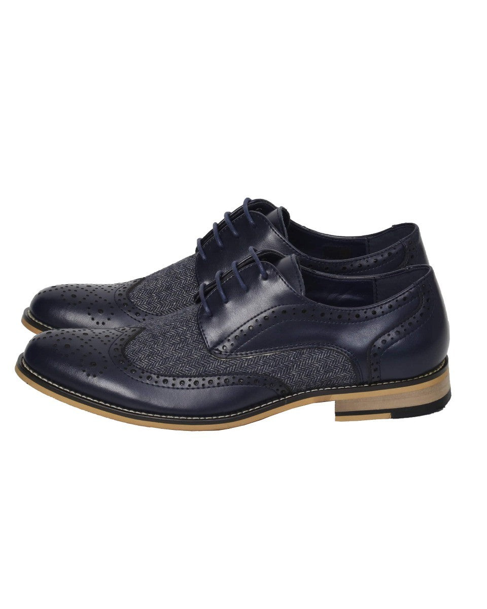 Men's Lace Up Tweed Leather Brogue Shoes - HORATIO - Navy Blue